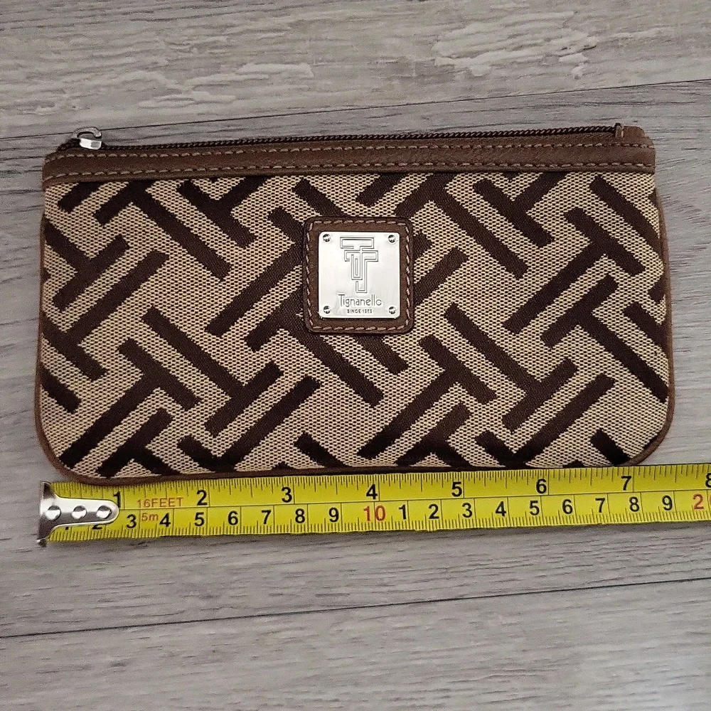 Tignanello Signature Canvas  Wristlet Wallet Pouch Zippered Pockets Leather Trim
